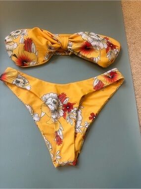 Kids Yellow Floral Bikini Set - Bandeau Top & Bottom